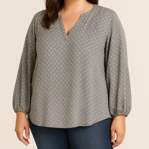 Philosophy Boho Plus Size Blouse Gray White Print V-Neck 1X Workwear